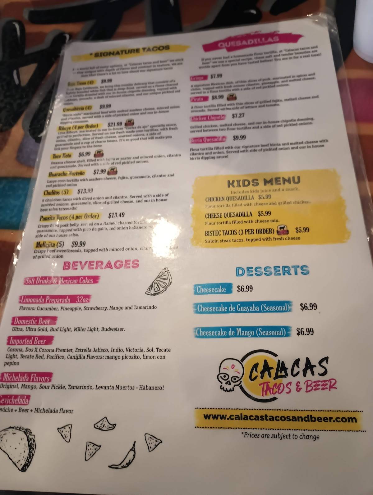 Menu at Calacas Tacos & Beer Harlingen pub & bar, Harlingen