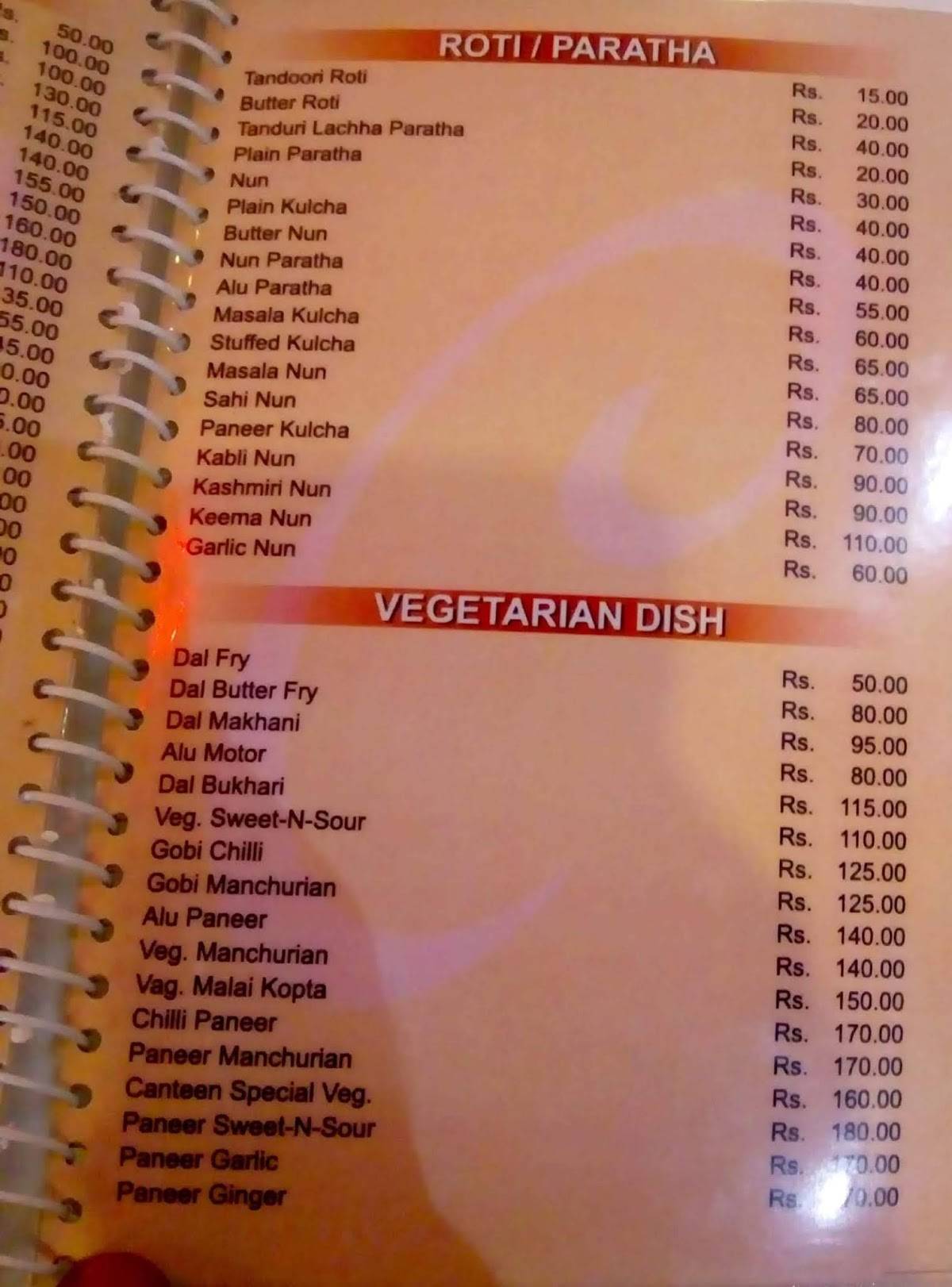 Menu at Canteen 3 (C3), Bardhaman
