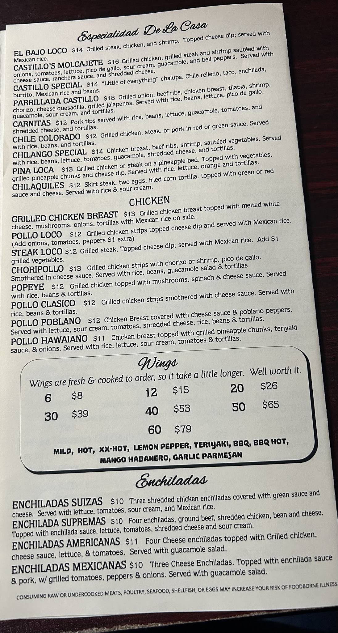 Menu at Castillo's Mexican Restaurant, Etowah