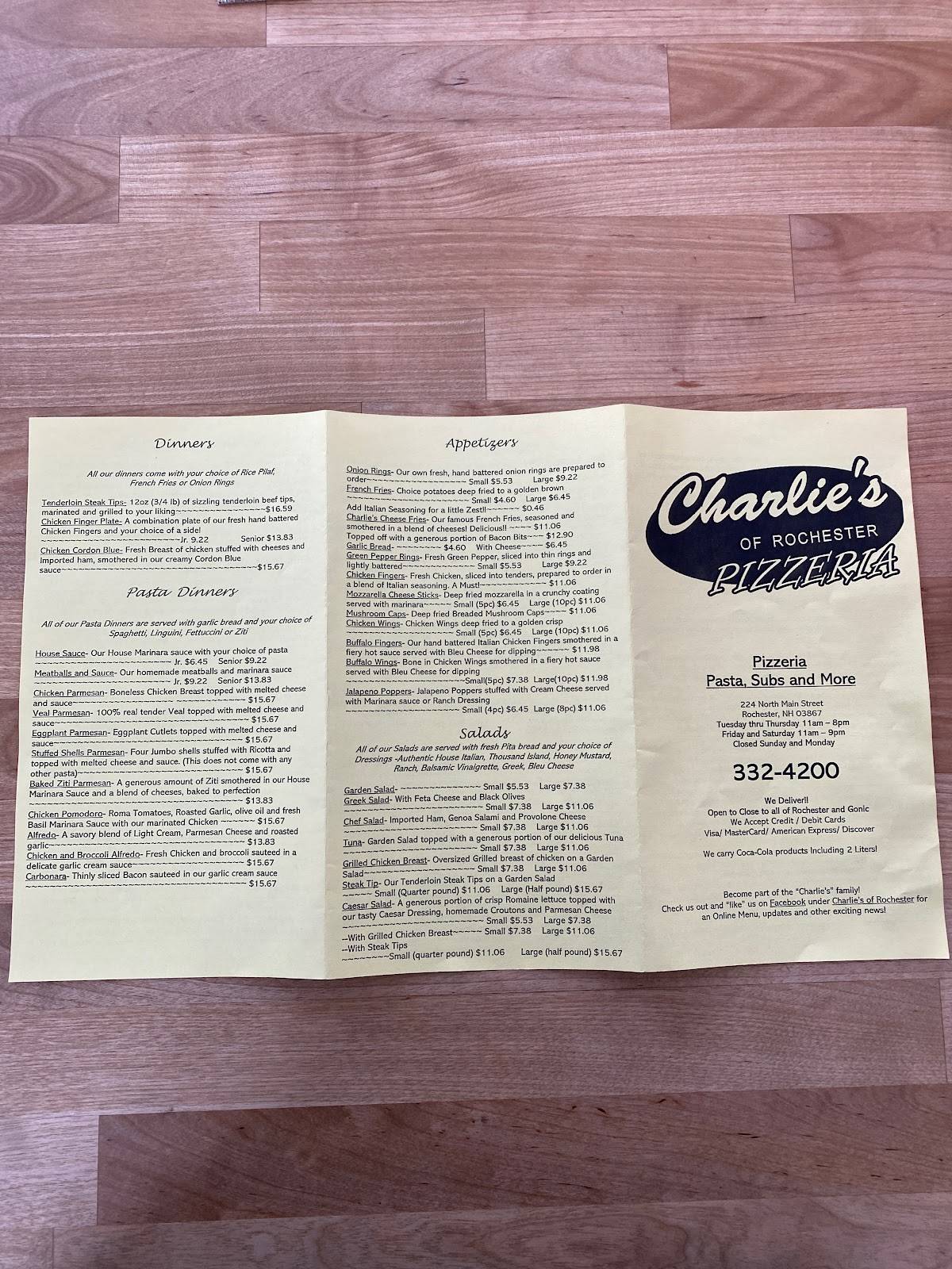 Menu at Charlie's of Rochester pizzeria, Rochester
