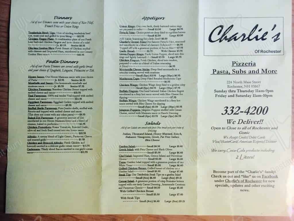 Menu at Charlie's of Rochester pizzeria, Rochester