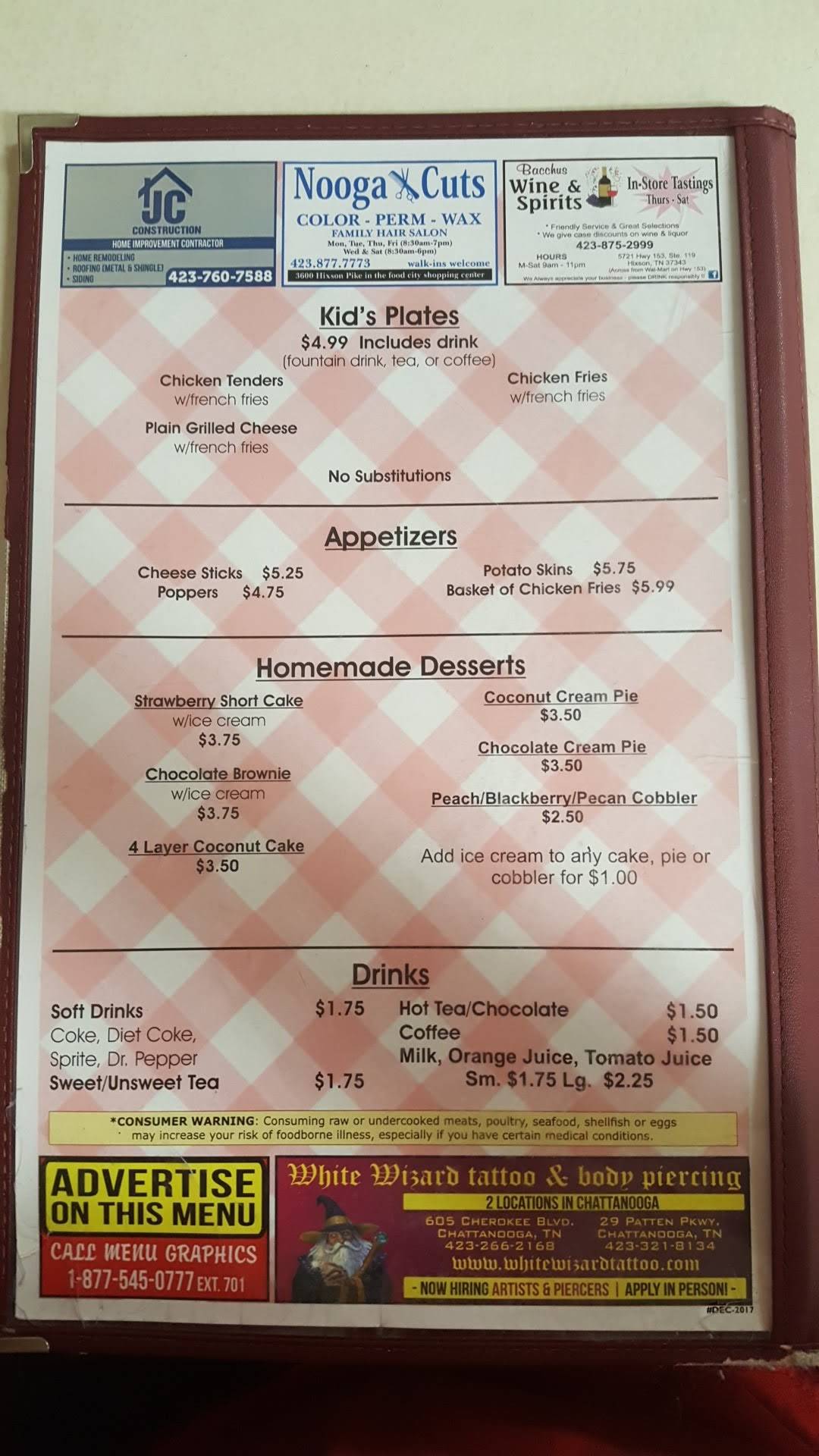 Menu at Lillie Mae's Place restaurant, Chattanooga