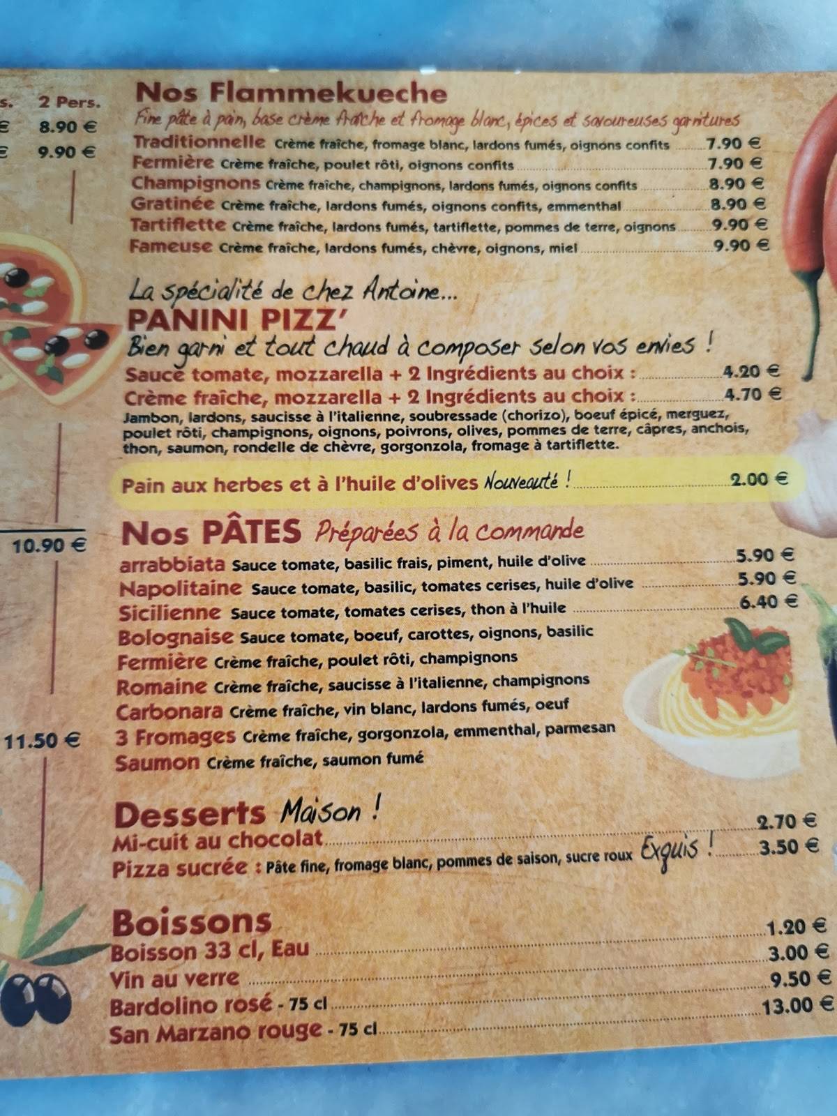 Menu au Chez Antoine pizzeria Vincennes 2 Av de la République