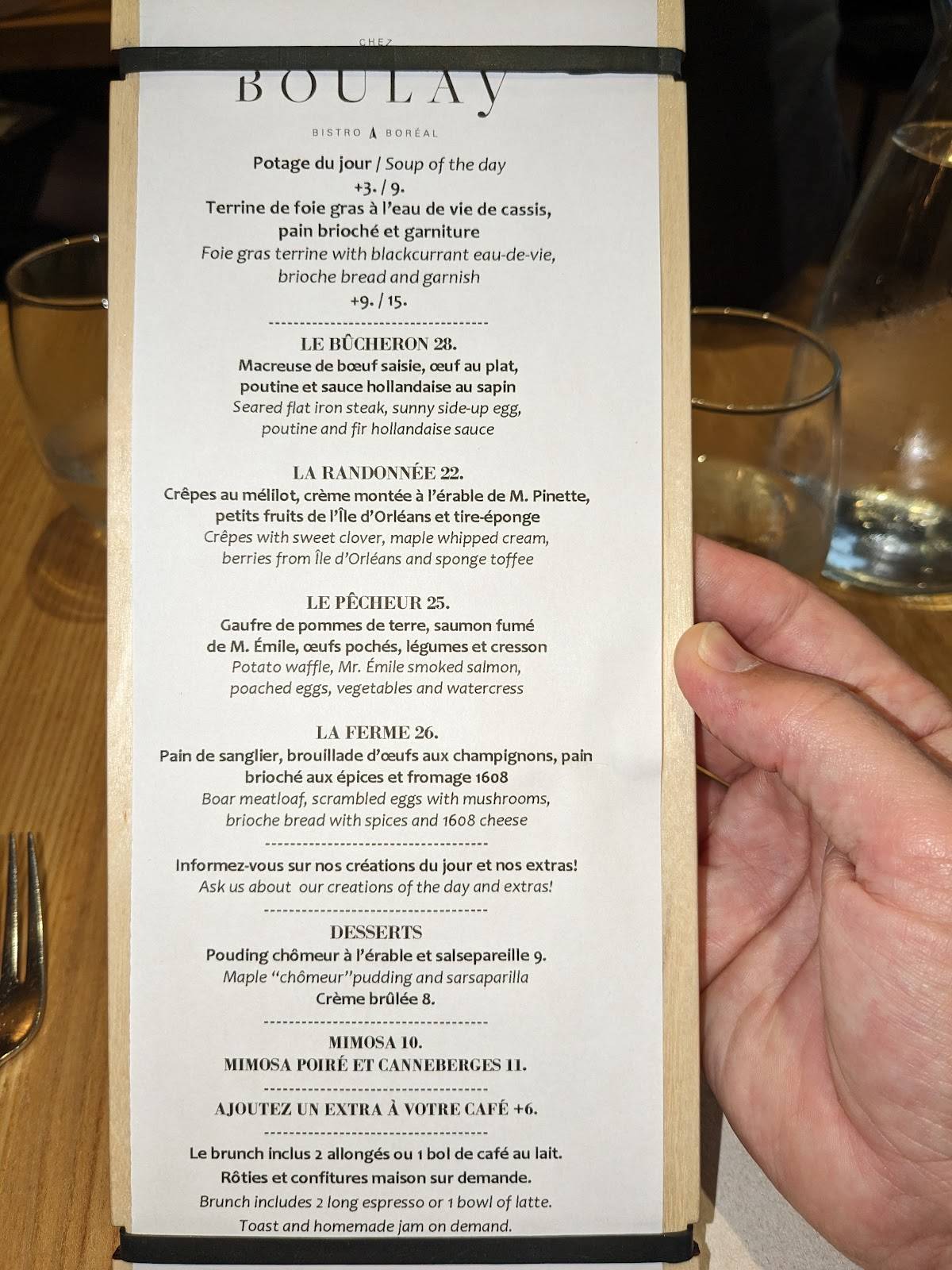 Menu au Chez Boulay-bistro boréal restaurant, Québec