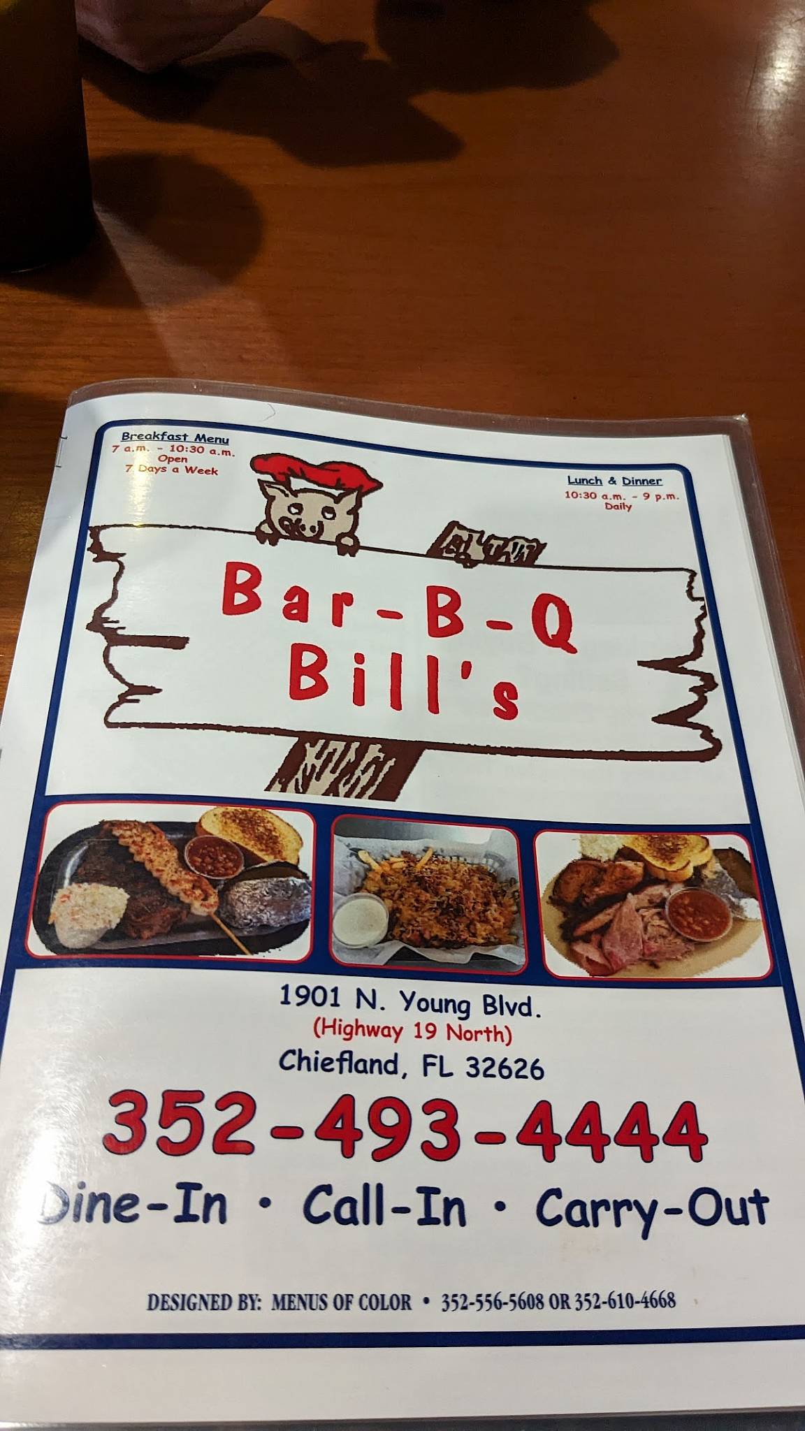Menu at BarBQ Bill's, Chiefland