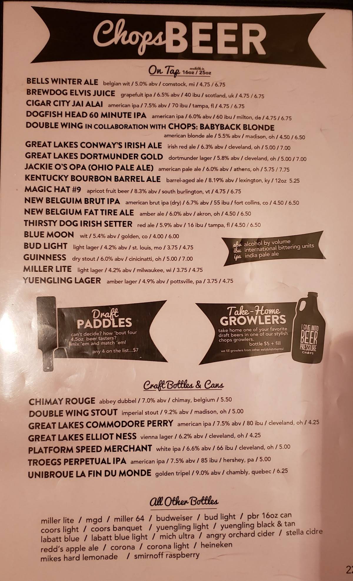 Menu at Chops Grille & Tap House restaurant, Geneva, S Broadway