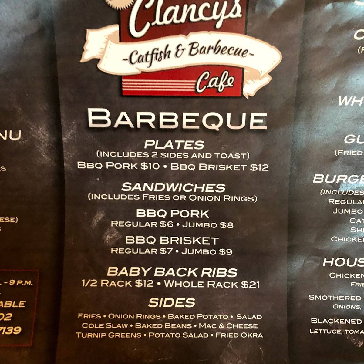 Menu at Clancy's Cafe, Red Banks, 4078 MS178