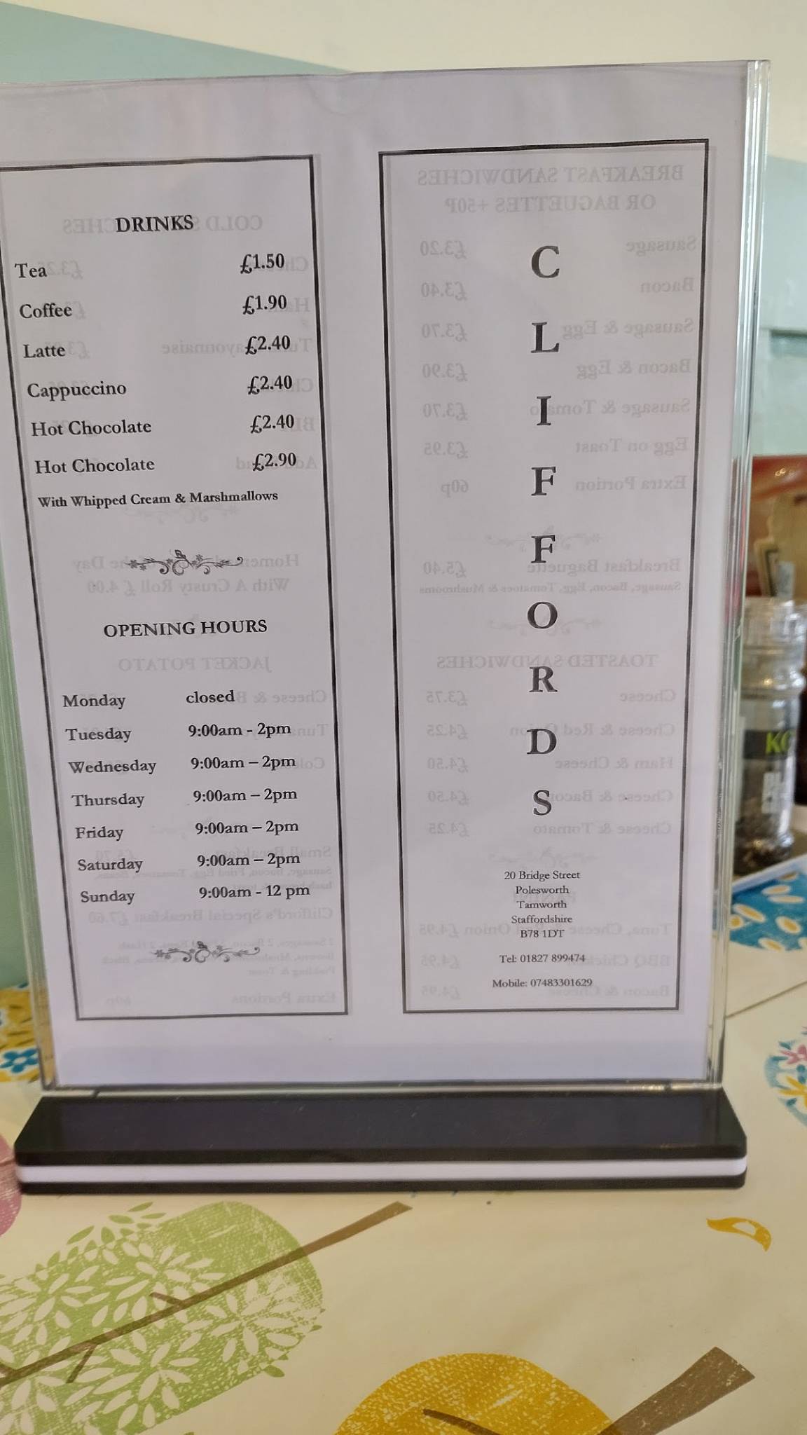 Menu at Cliffords cafe, Polesworth