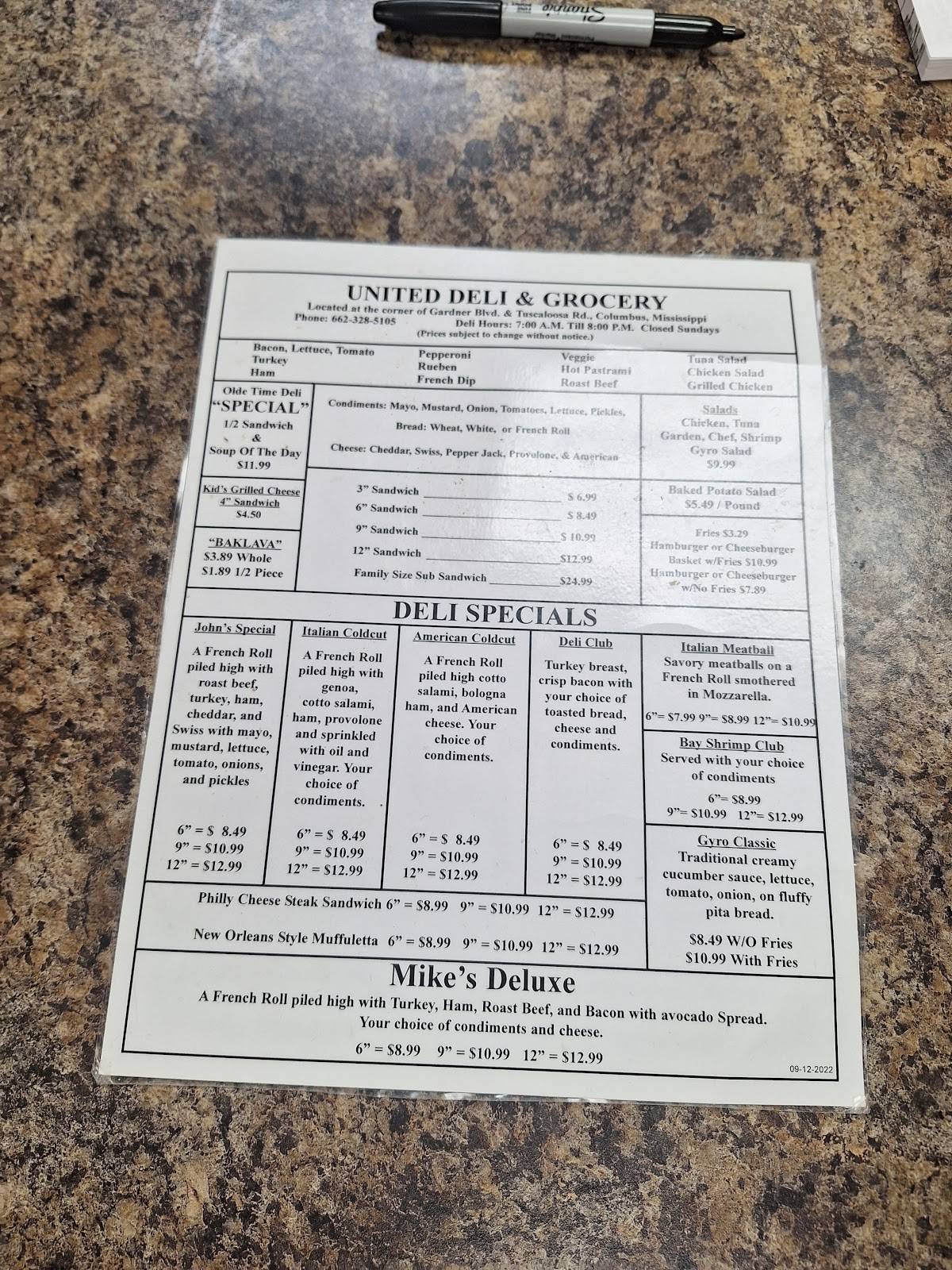 Menu at United Deli & Grocery restaurant, Columbus