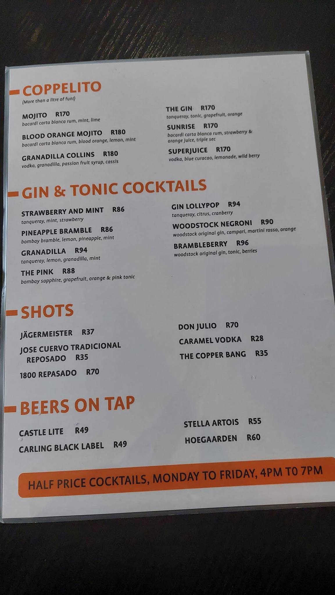 Menu at Copper Club Tyger Waterfront, Cape Town, 1819