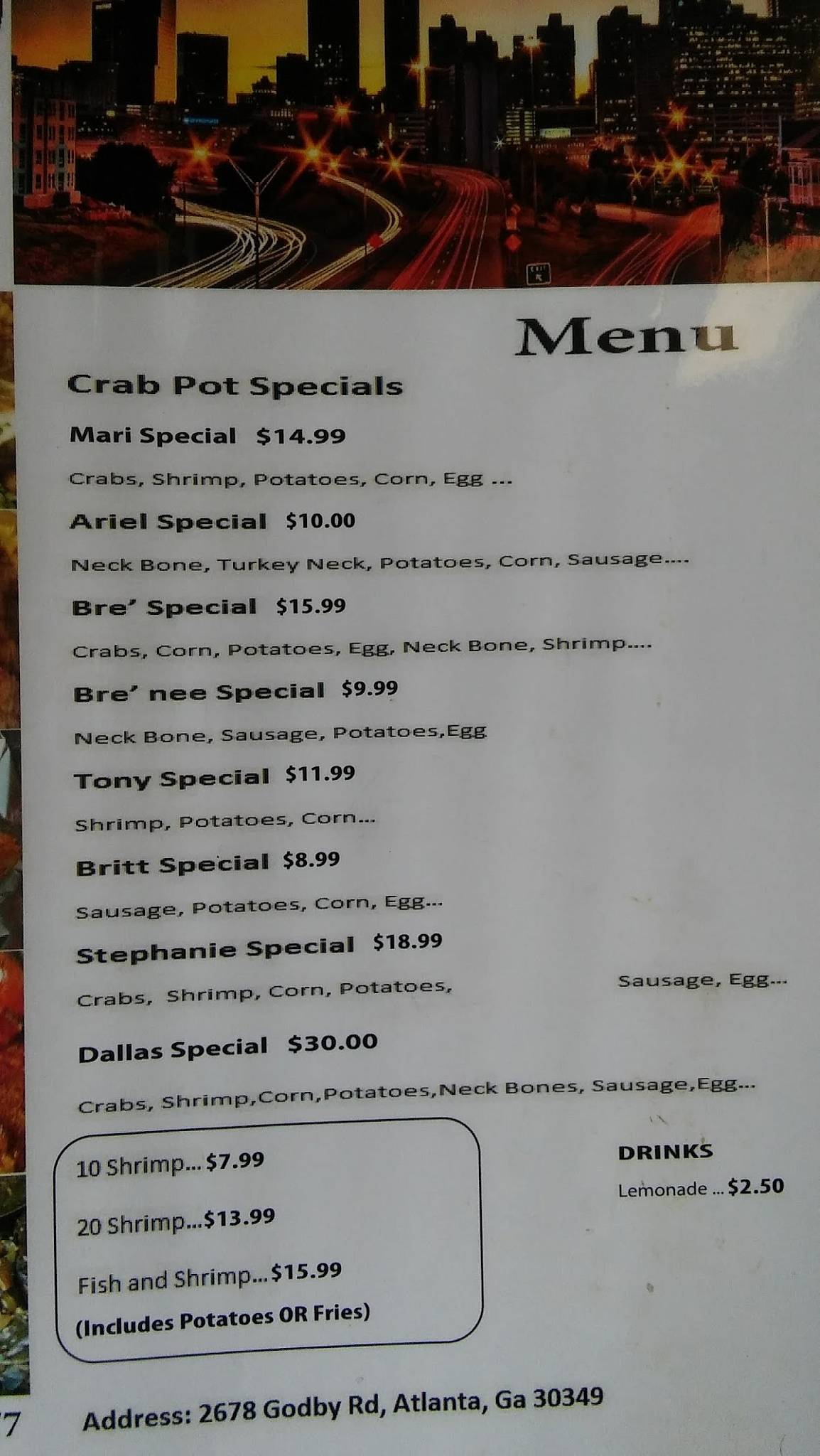 Menu at Crab Pot Lounge restaurant, College Park, Old National Hwy