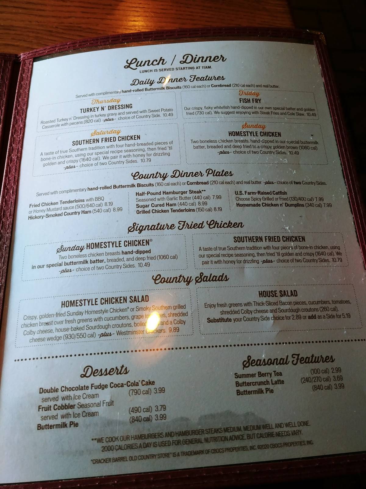 Menu at Cracker Barrel Old Country Store, Terre Haute