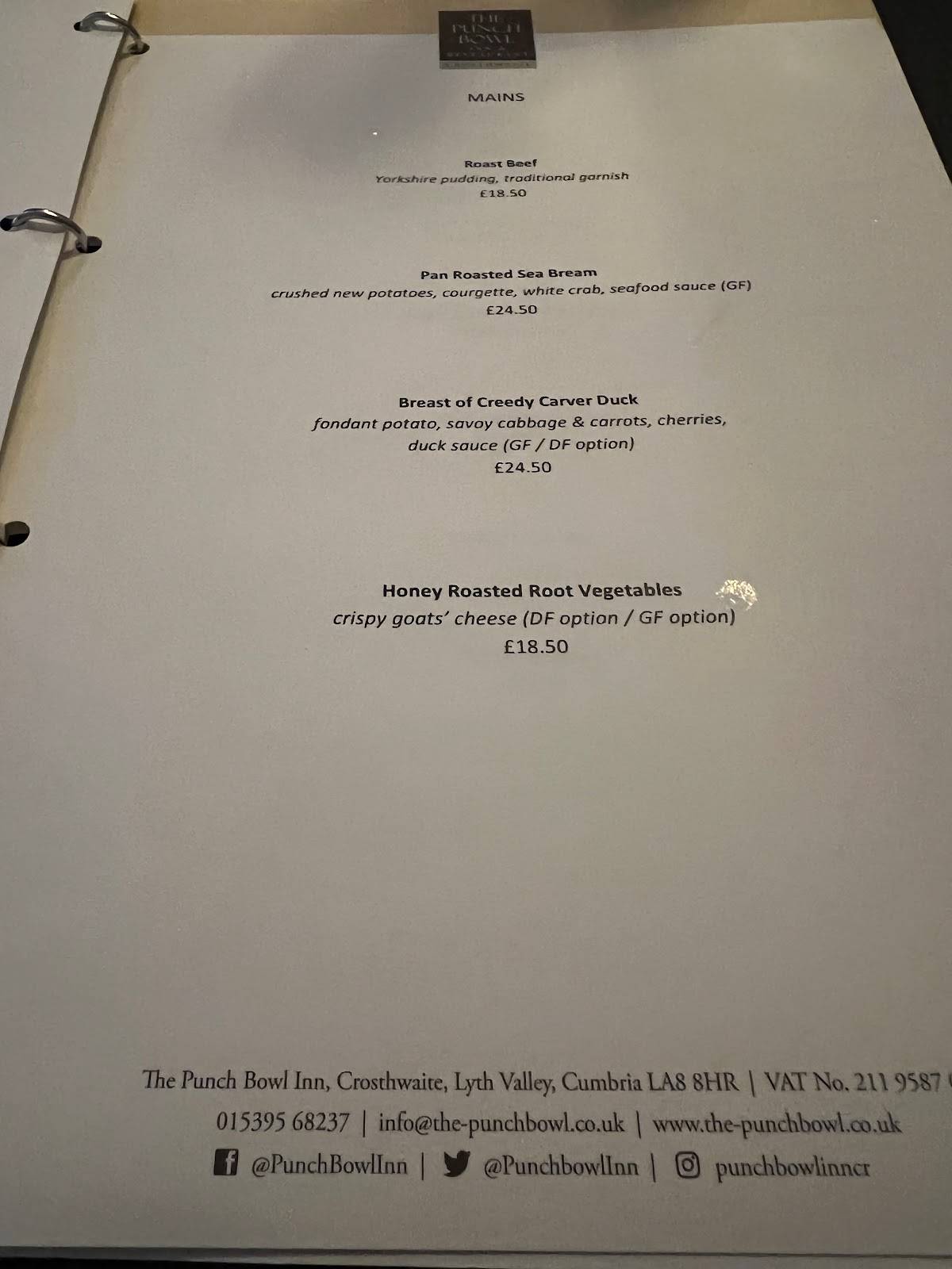 Menu at The Punch Bowl Inn, Crosthwaite pub & bar, Crosthwaite