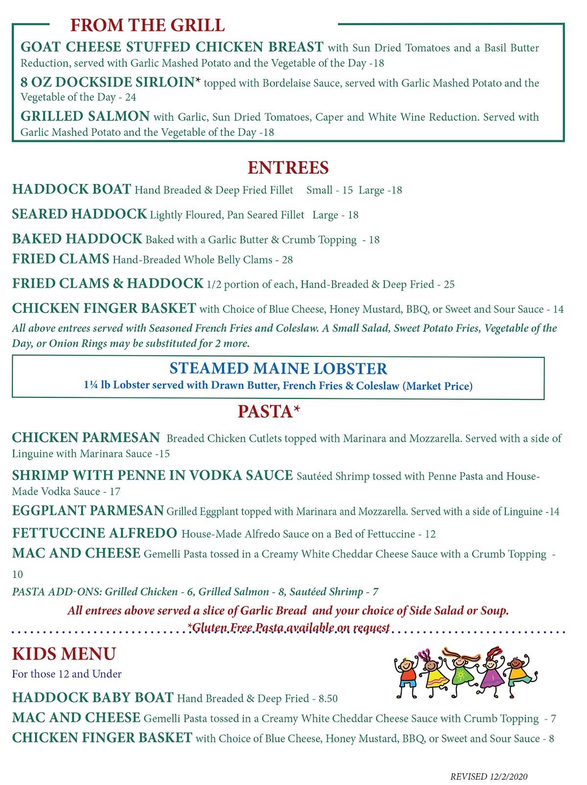 Menu at Cyndi's Dockside Restaurant, Poland, 723 Maine St