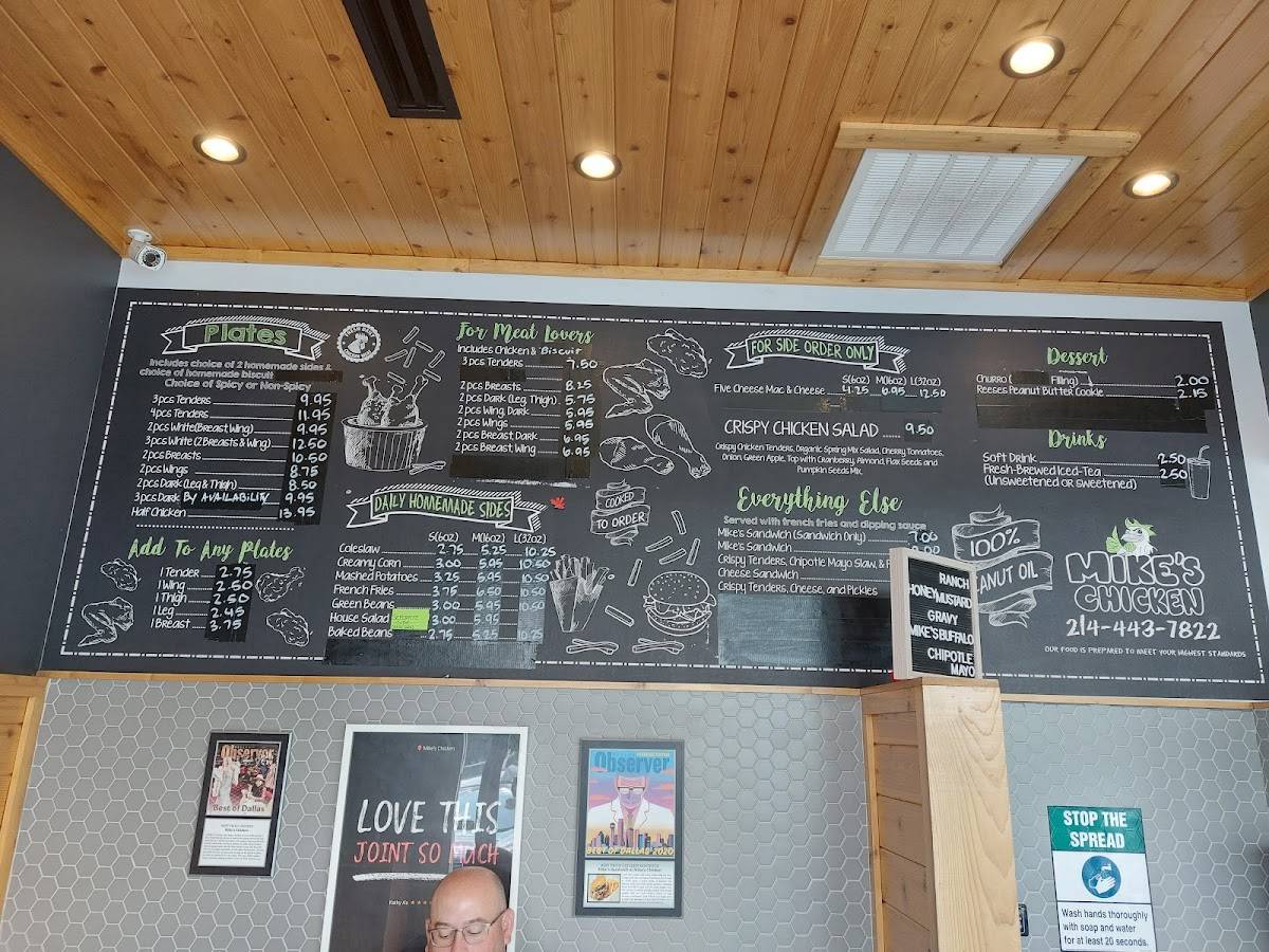 Menu at Mike's Chicken restaurant, Dallas, Maple Ave