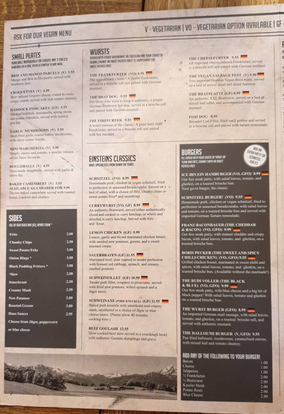 Menu at Einstein's pub & bar, Chesterfield