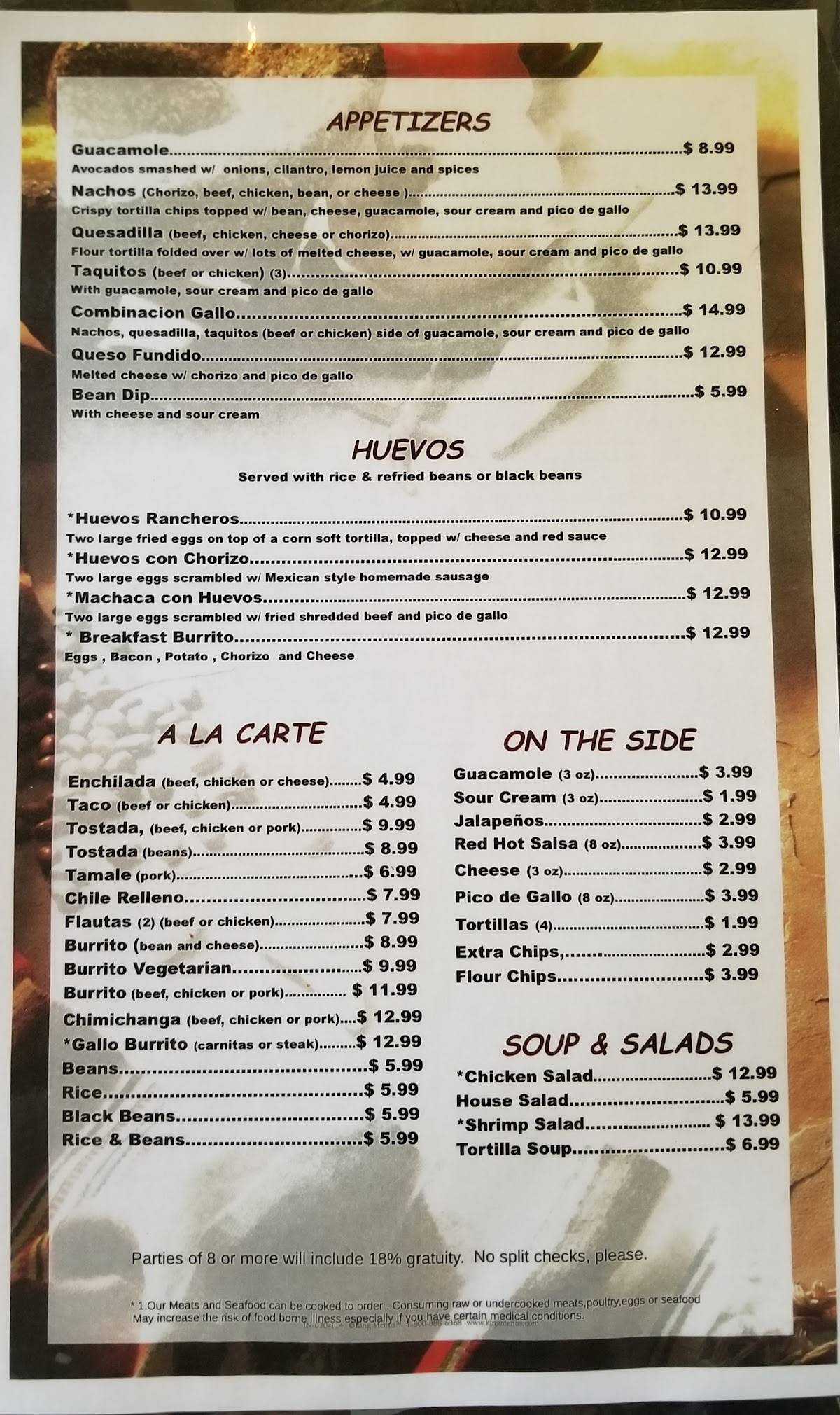 Menu at El Gallo Restaurant, Rancho Murieta