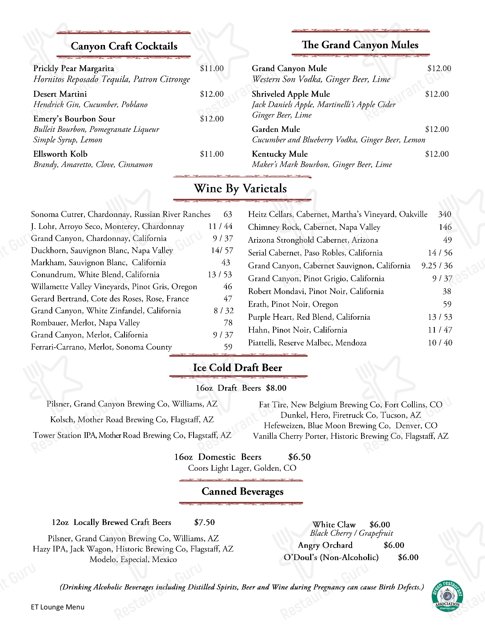 Menu at El Tovar Dining Room pub & bar, Grand Canyon Village, 1 El Tovar Rd