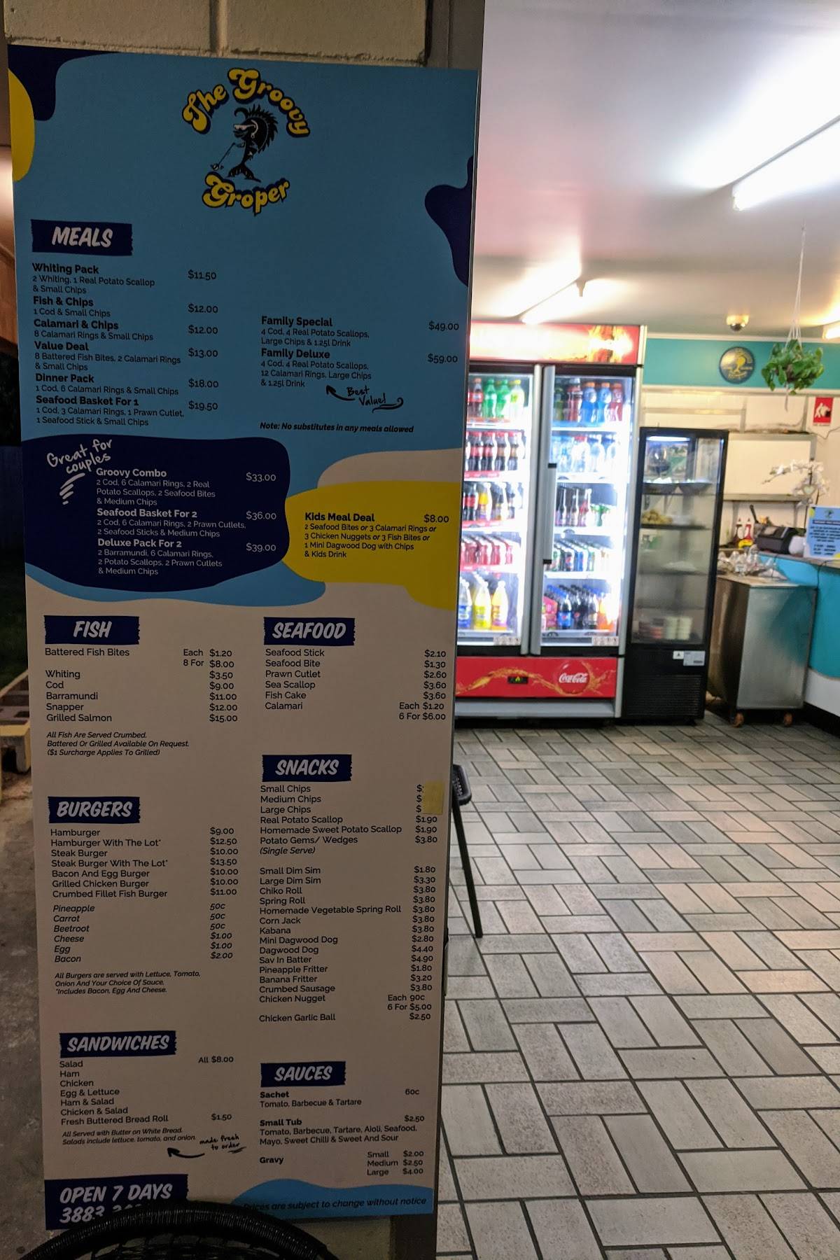 Menu at Groovy Groper fast food, Clontarf