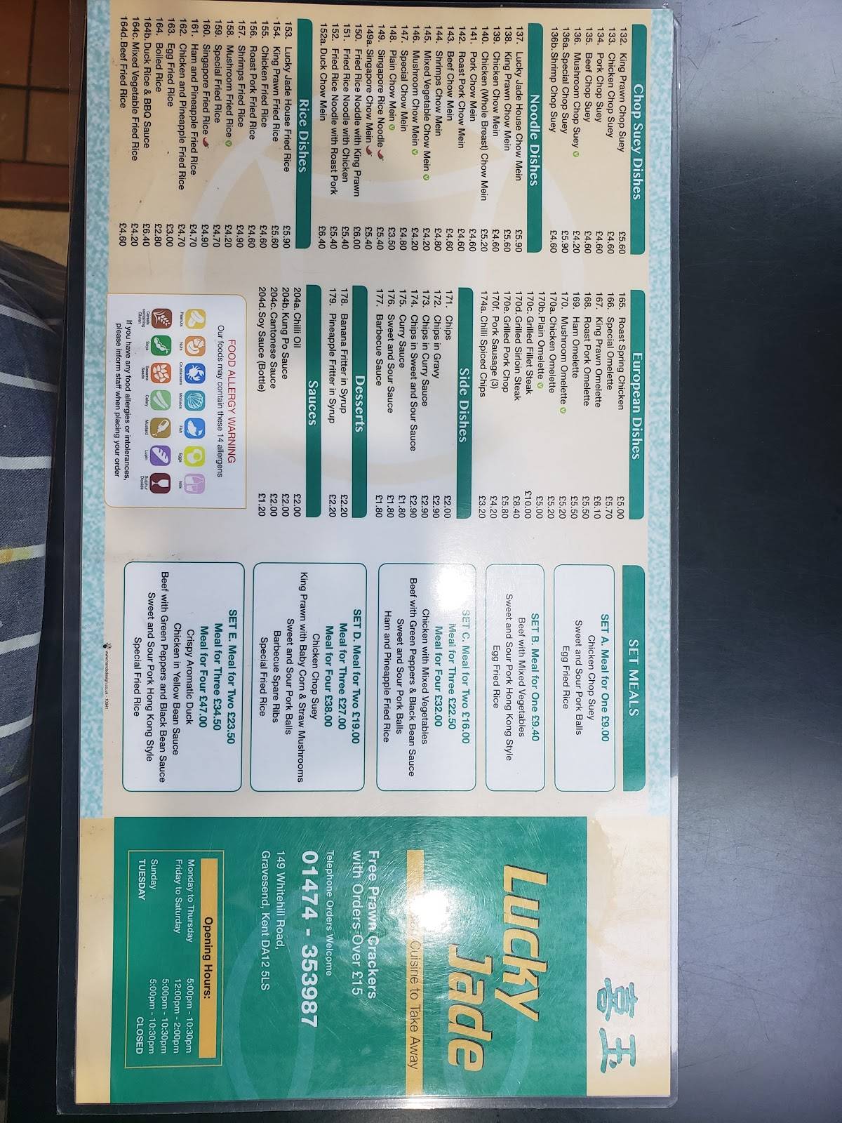 Menu at Lucky Jade Chinese takeaway Gravesend fast food, Gravesend, 149
