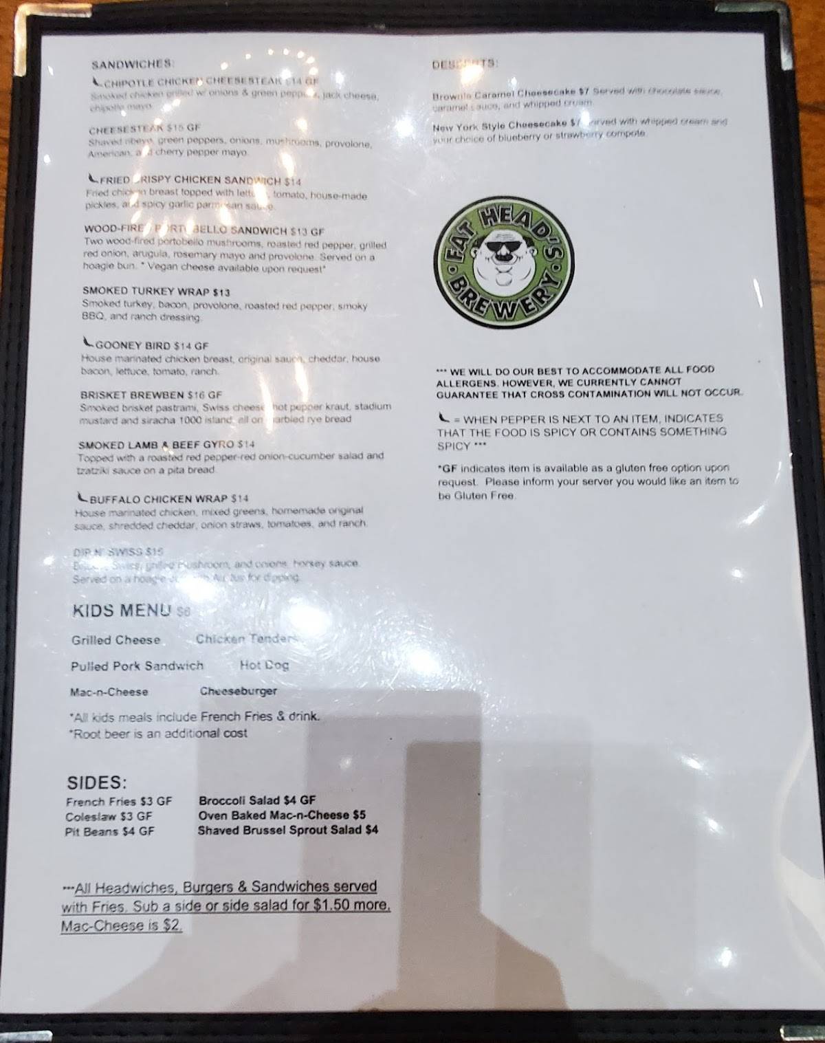 Menu at Fat Head's Brewery restaurant, Middleburg Heights