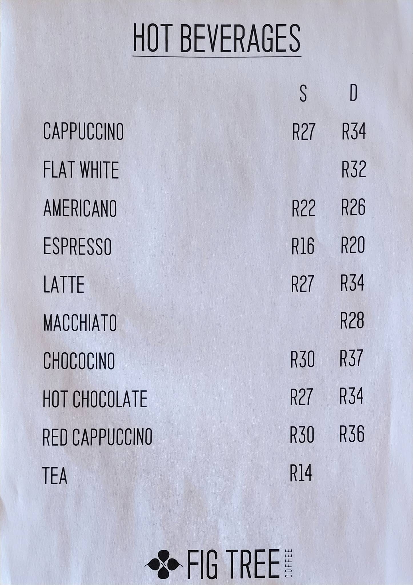 Menu at Fig Tree Coffee cafe, Durban North