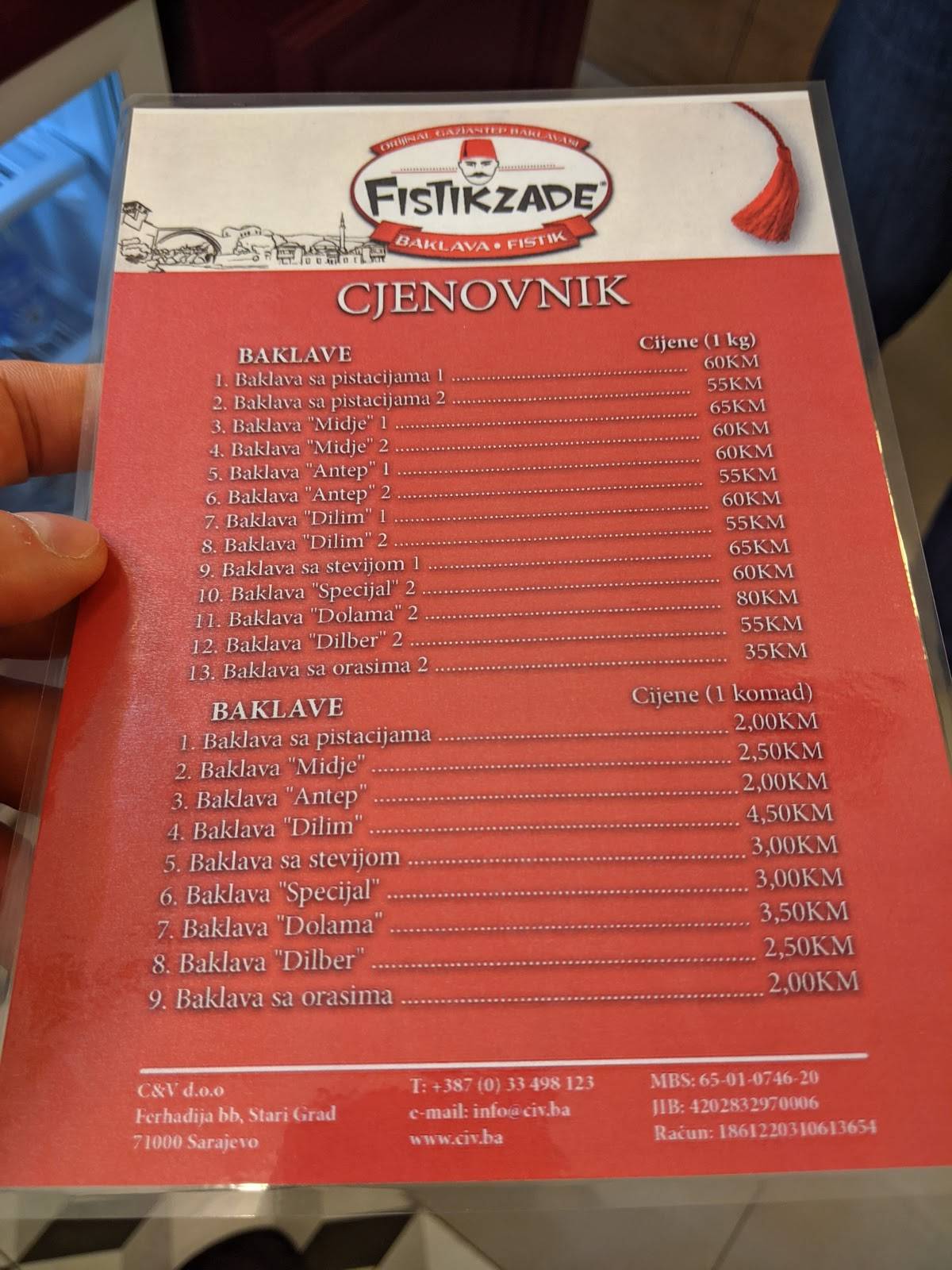 Menu at Fistikzade desserts, Sarajevo