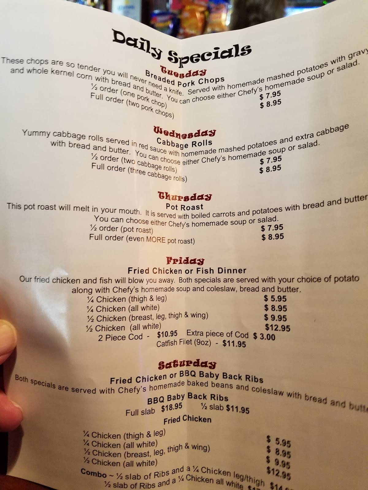 Menu at Fritz's Pour House Bar, Joliet
