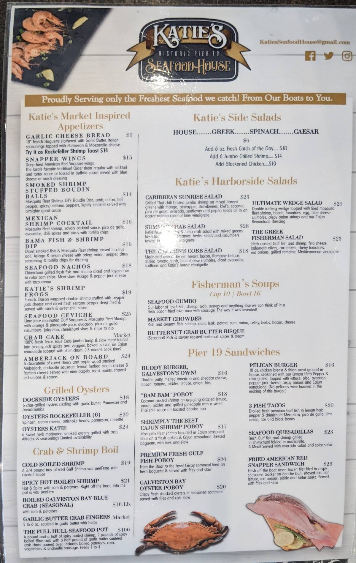 Menu at Katie's Seafood House restaurant, Galveston