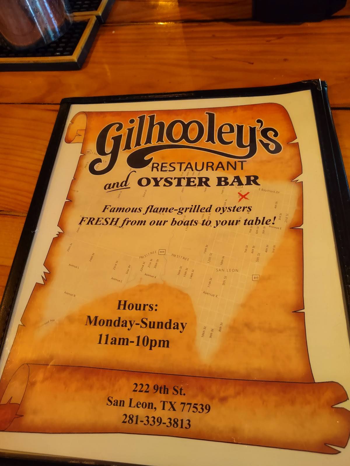 Menu at Gilhooley's Restaurant and Oyster Bar 18+, San Leon