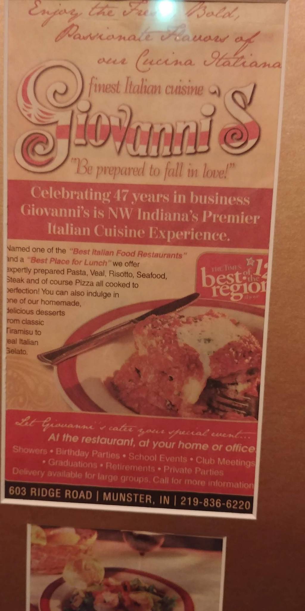 Menu at Giovanni's Restaurant, Munster