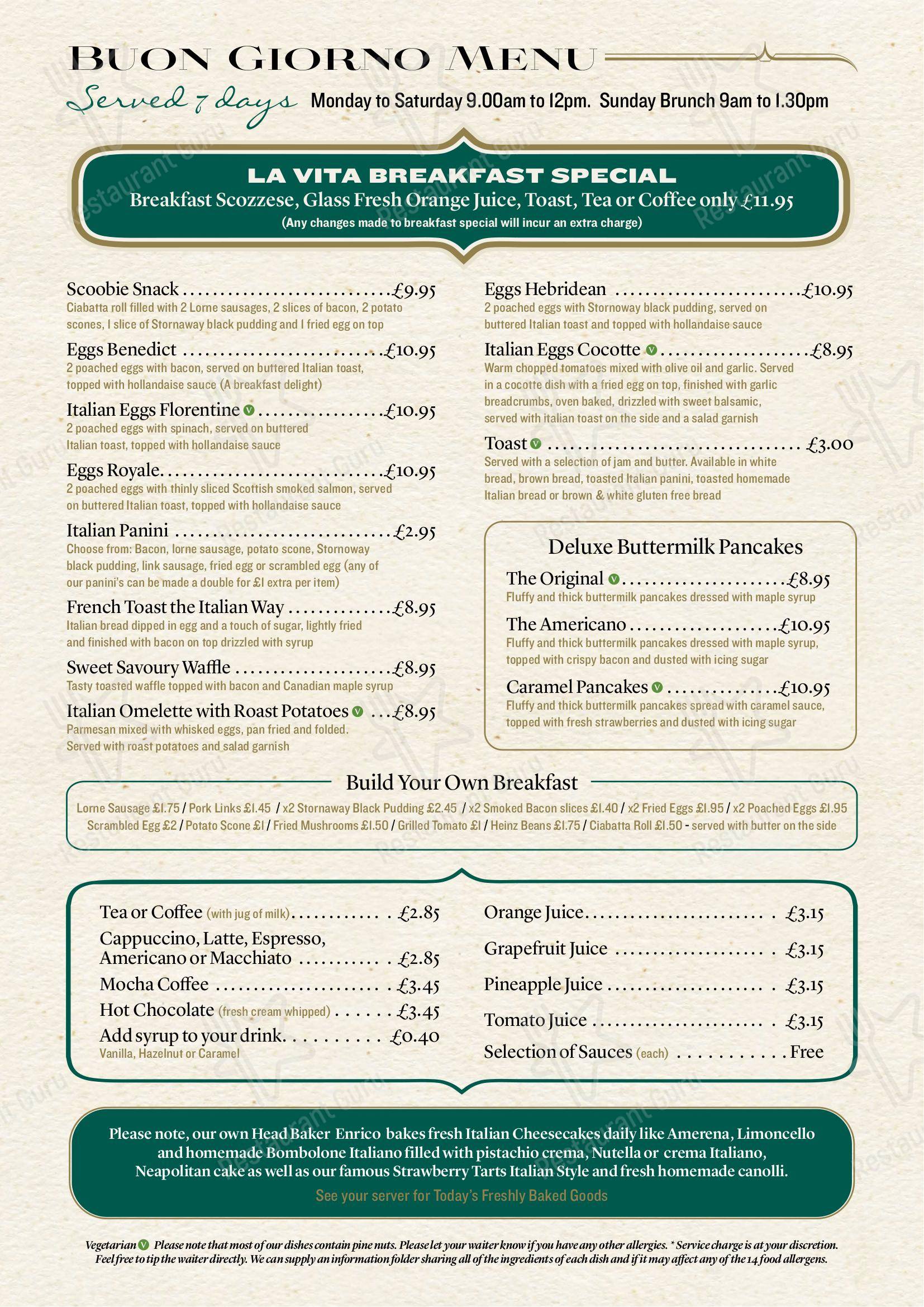 Menu at La Vita Barrachnie, Glasgow