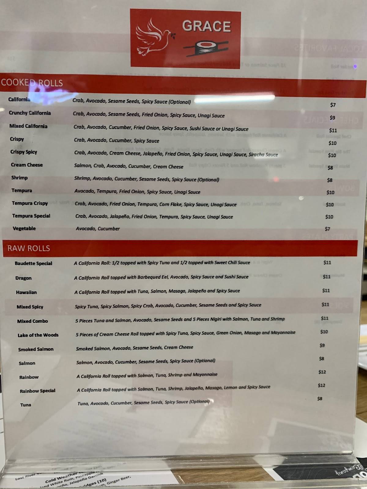 Menu at Grace Sushi restaurant, Baudette