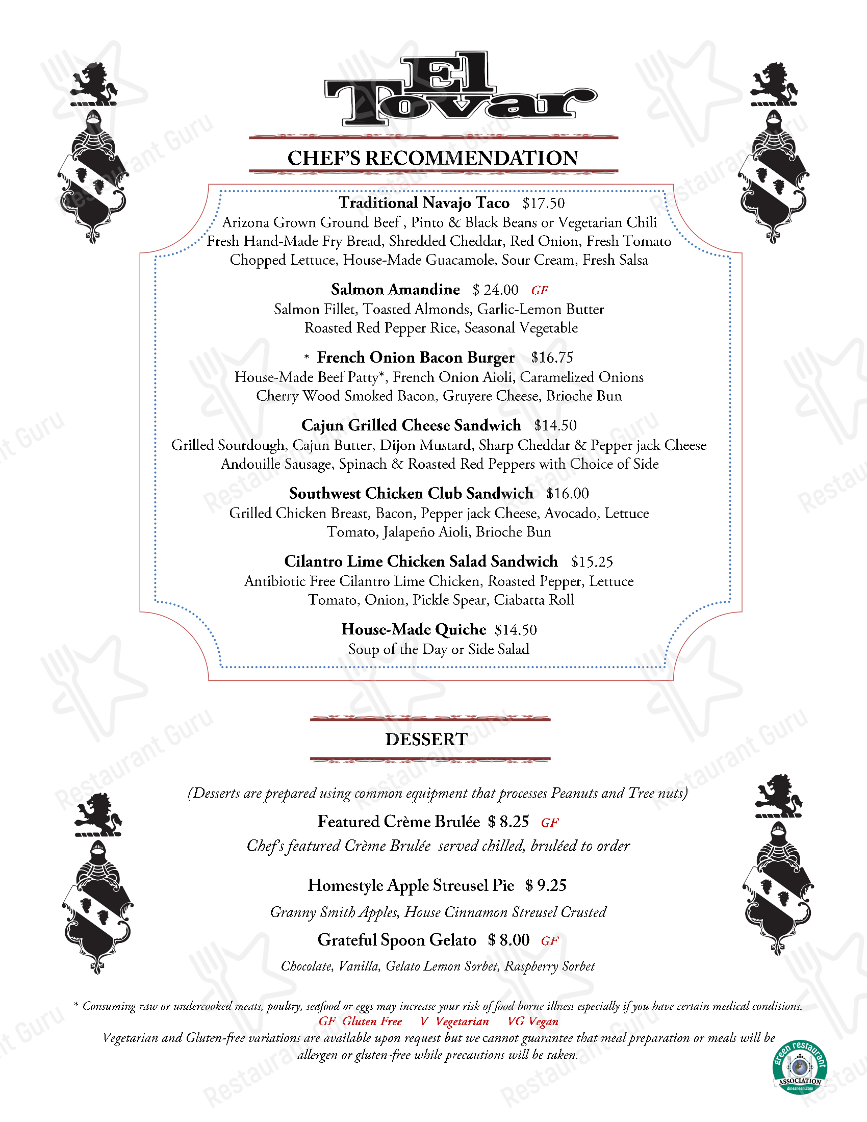 Menu at El Tovar Dining Room pub & bar, Grand Canyon Village, 1 El Tovar Rd