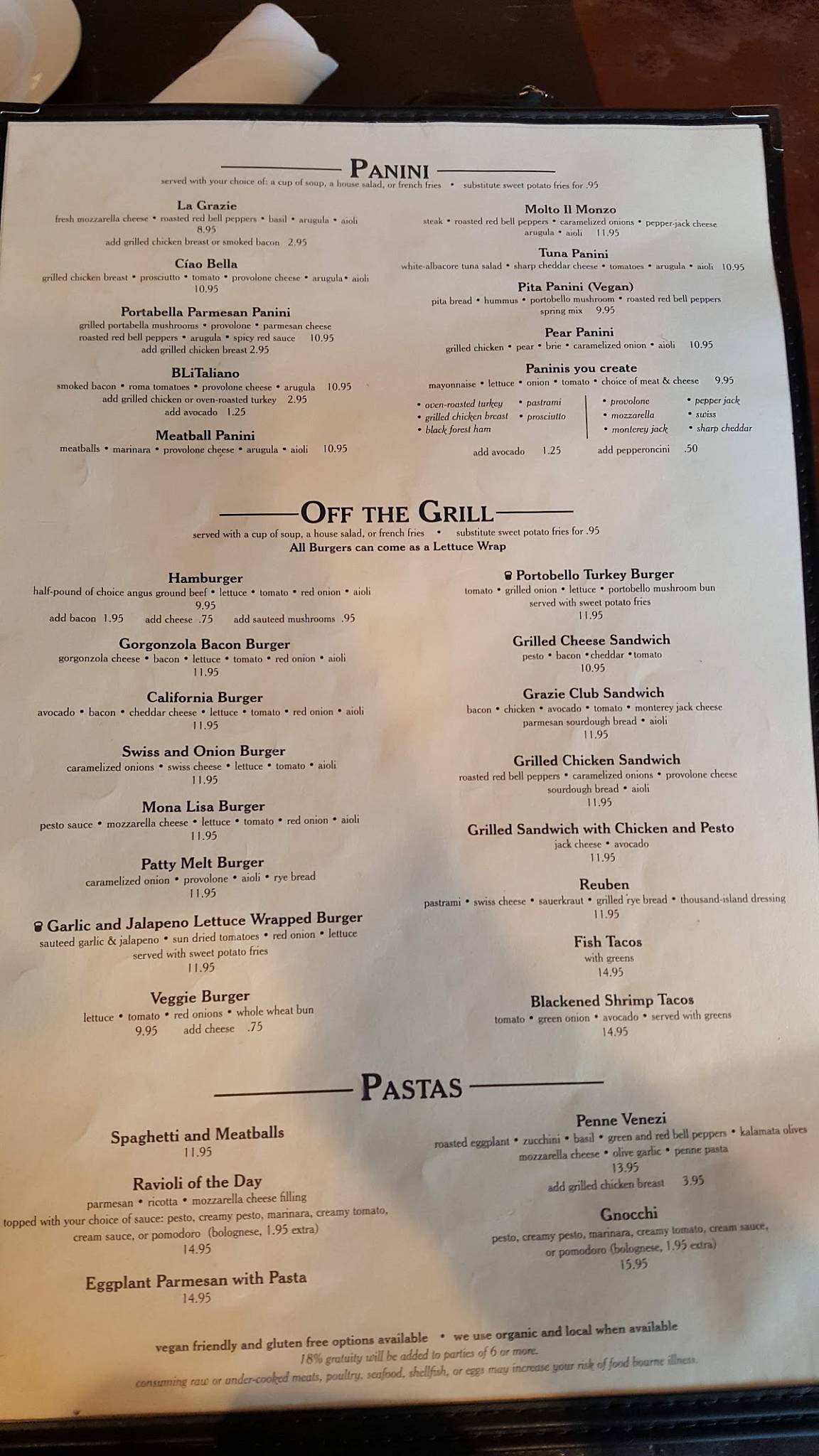 Menu at Grazie Restaurant, Novato