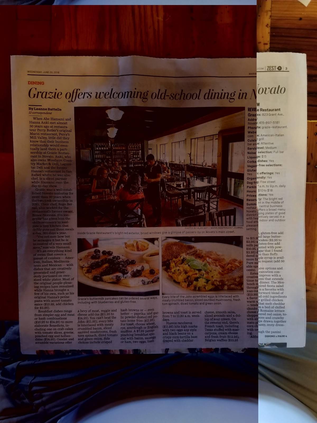 Menu at Grazie Restaurant, Novato