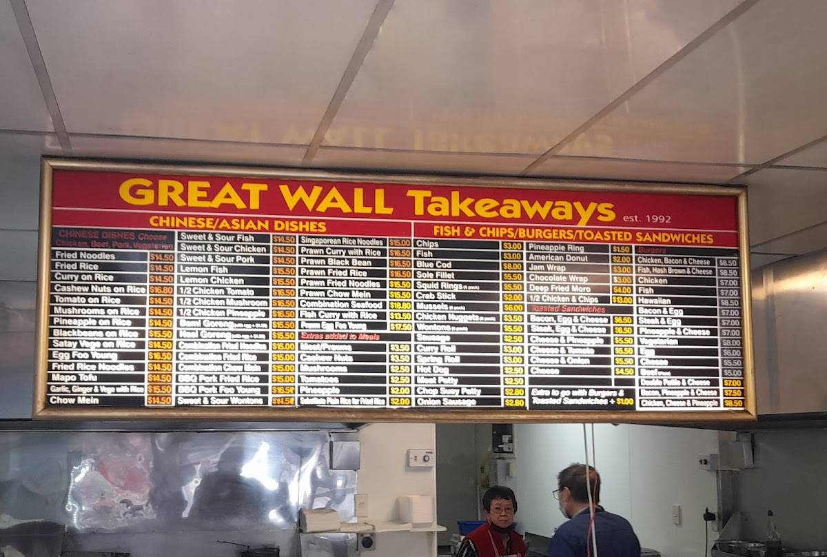 Menu at Great Wall Takeaways fast food, Dunedin