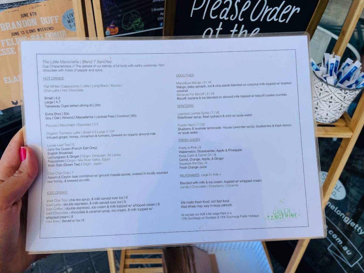 Menu at Green Tangerine Long Jetty cafe, Long Jetty