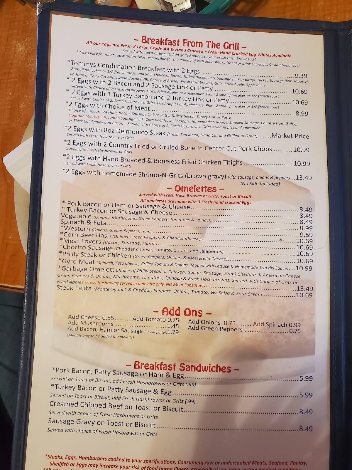 Menu at Tommy's Restaurant, Hampton