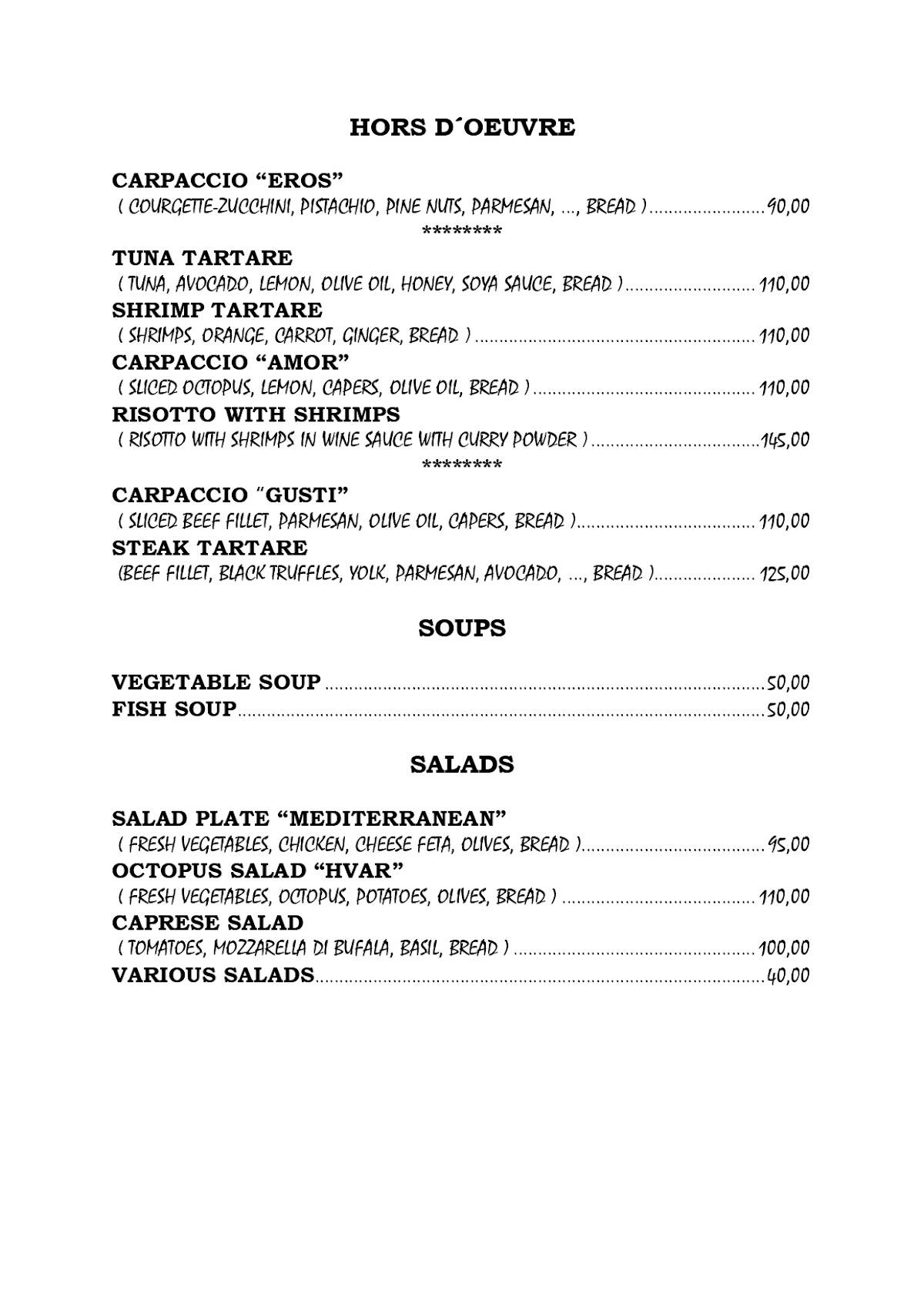 Menu at Dalmatino restaurant, Hvar, Ul. Sveti Marak 1