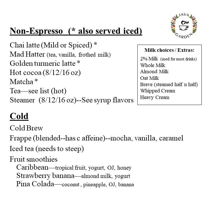 Menu at JAVA GARDEN restaurant, San Diego