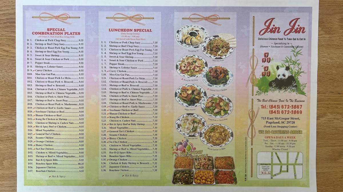 Menu at Jin Jin restaurant, Pageland