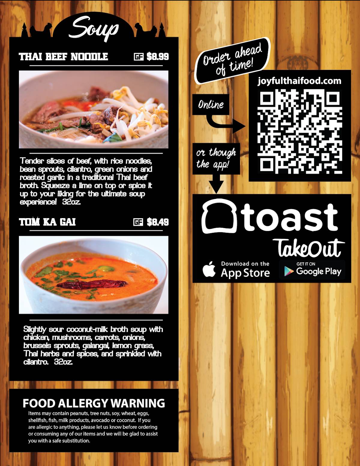 Menu at Joyful Thai restaurant, Tonasket