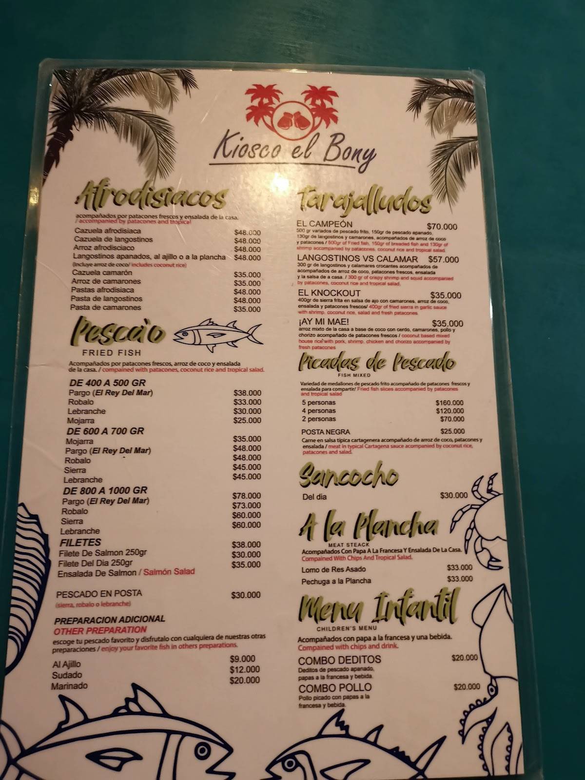 Carta del restaurante Kiosco El Bony, Cartagena
