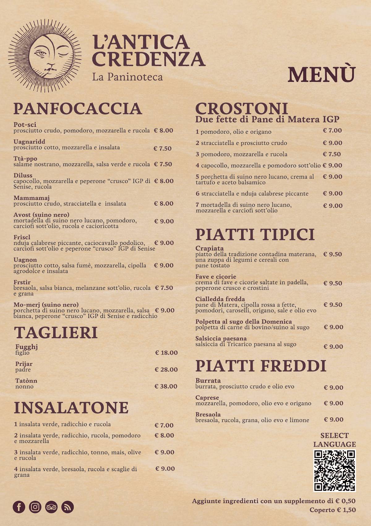 Menu da L'Antica Credenza La Paninoteca ristorante, Matera