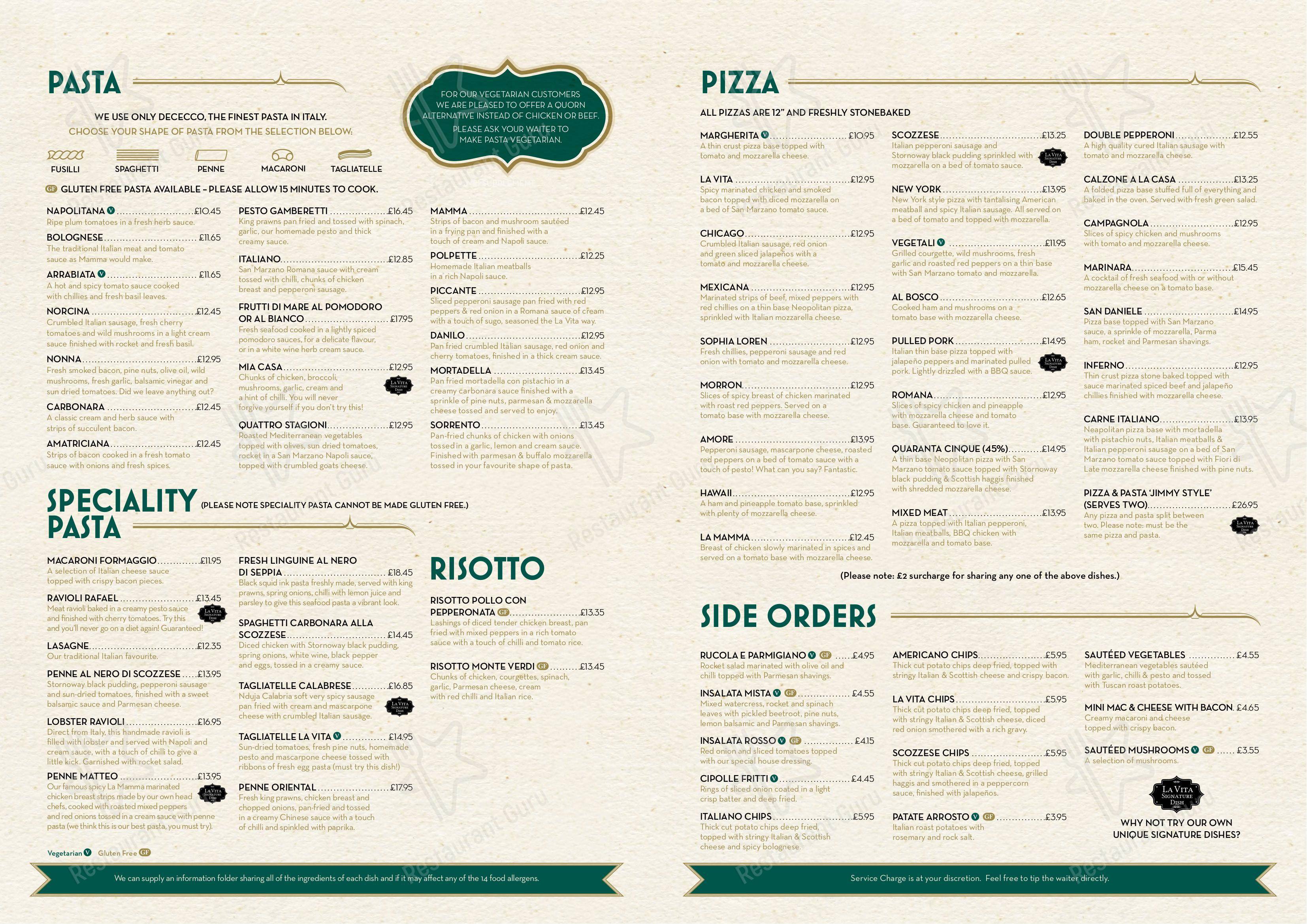 Menu at La Vita Barrachnie, Glasgow