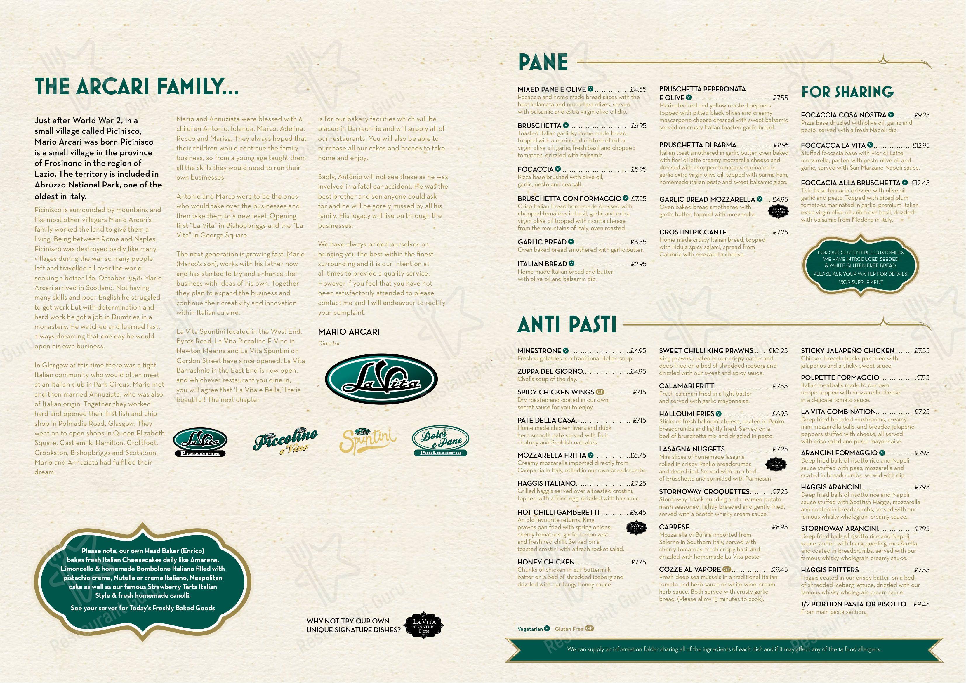 Menu at La Vita Barrachnie, Glasgow