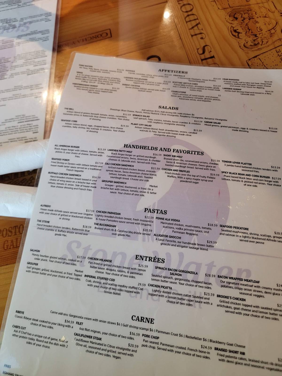 Menu at Stonewater Grill pub & bar, Land O' Lakes
