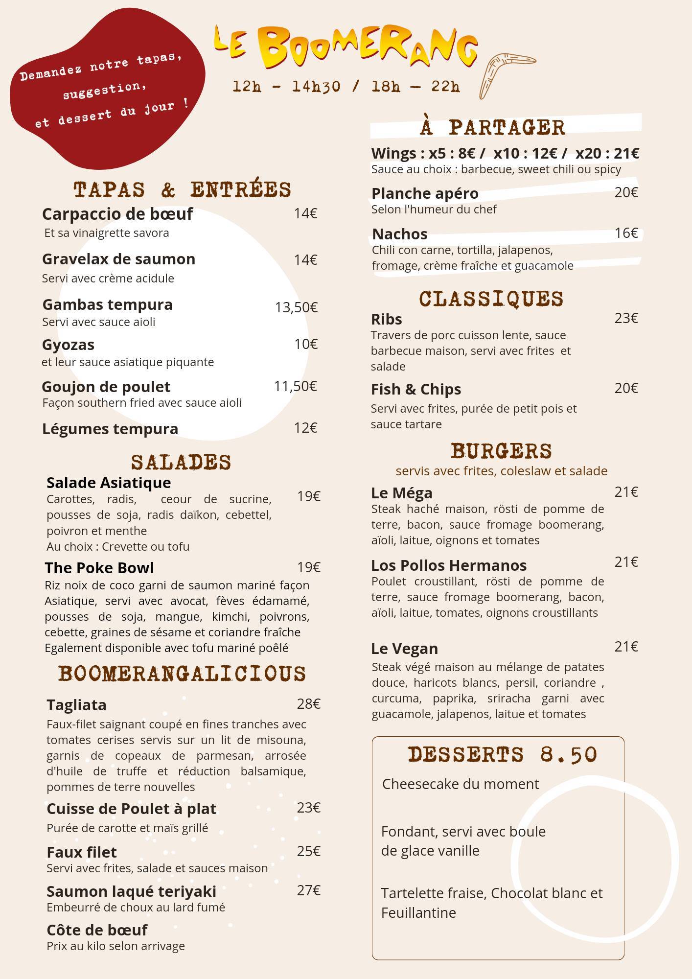 Menu au Le Boomerang pub et bar, Les Gets, 563 Rue du Ctre
