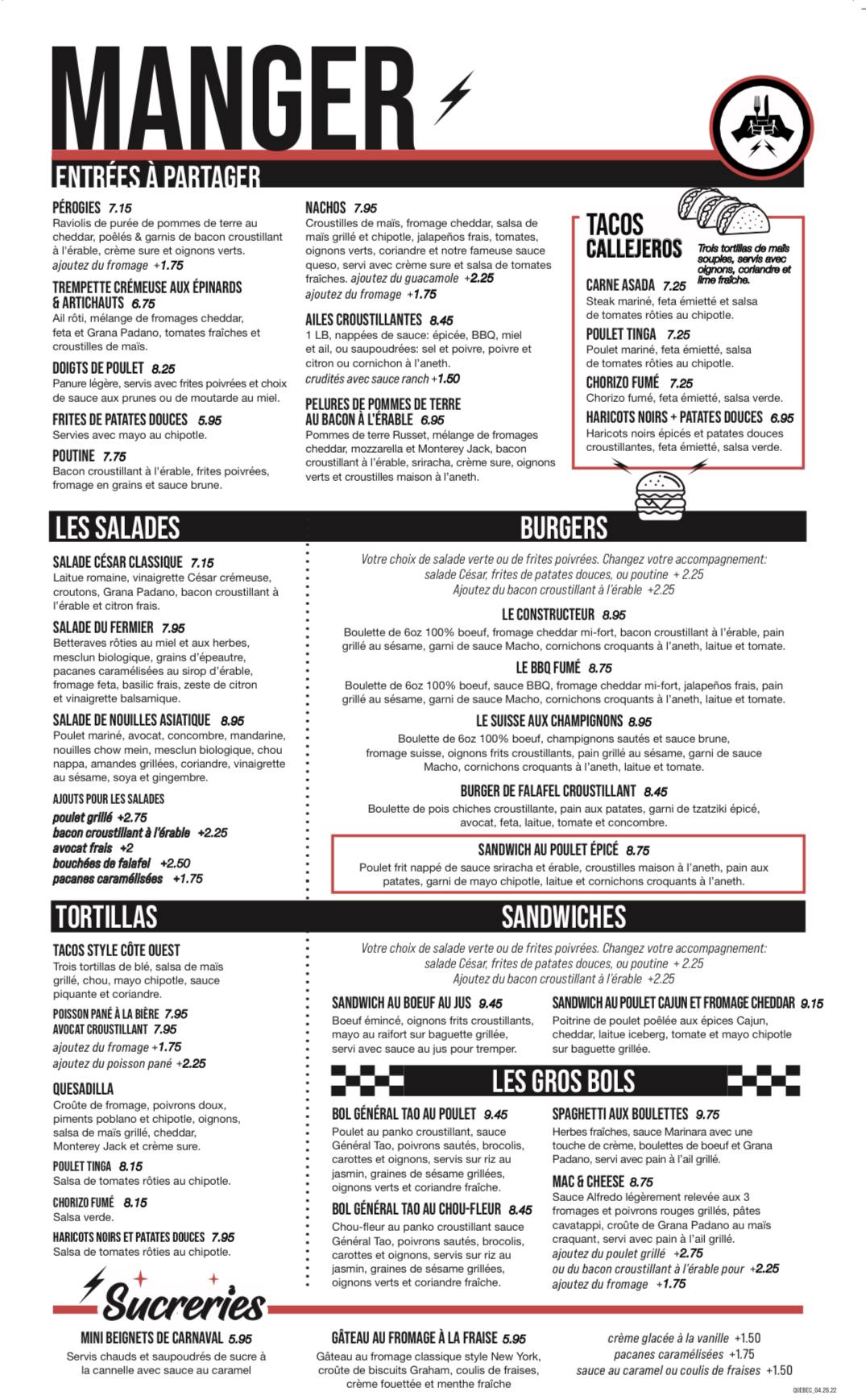 Menu at Le Bureau de Poste Trois-Rivières pub & bar, Trois-Rivières, 317  Rue des Forges